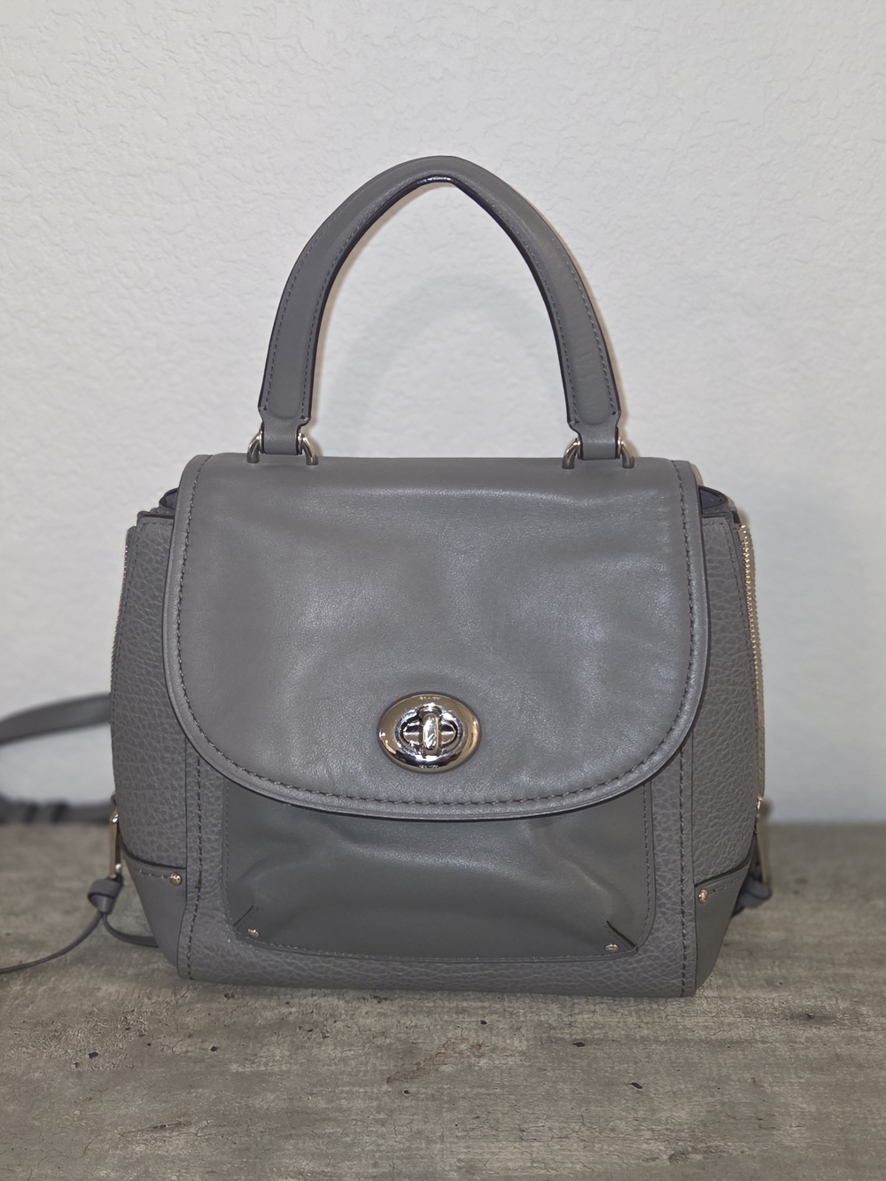 Coach Gray Leather Top-Handle Satchel with Turn-Lock